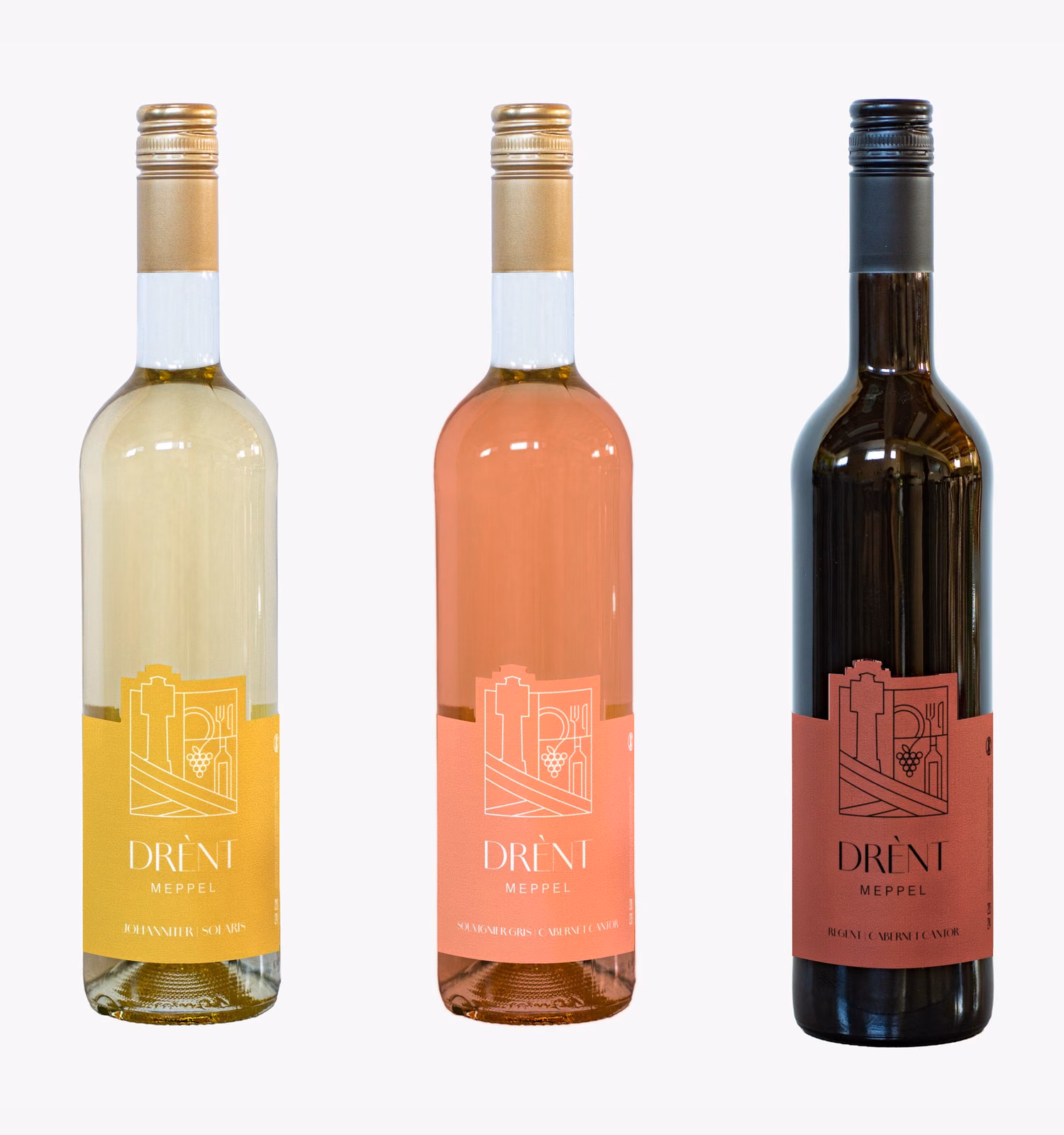 Drie flessen Drènt: wit, rosé en rood